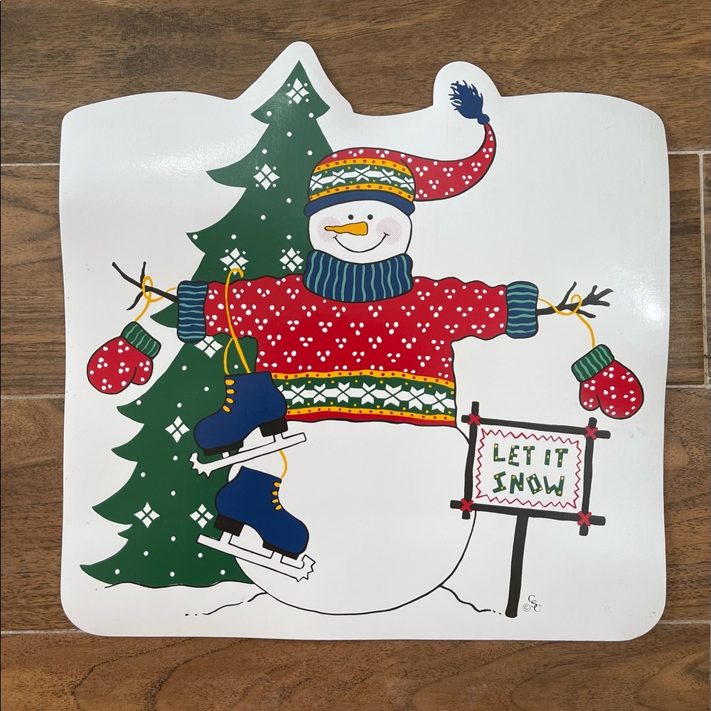 Vintage Christmas Vinyl Placemats Snowman With Ice skates, Tree Let It Snow (2).